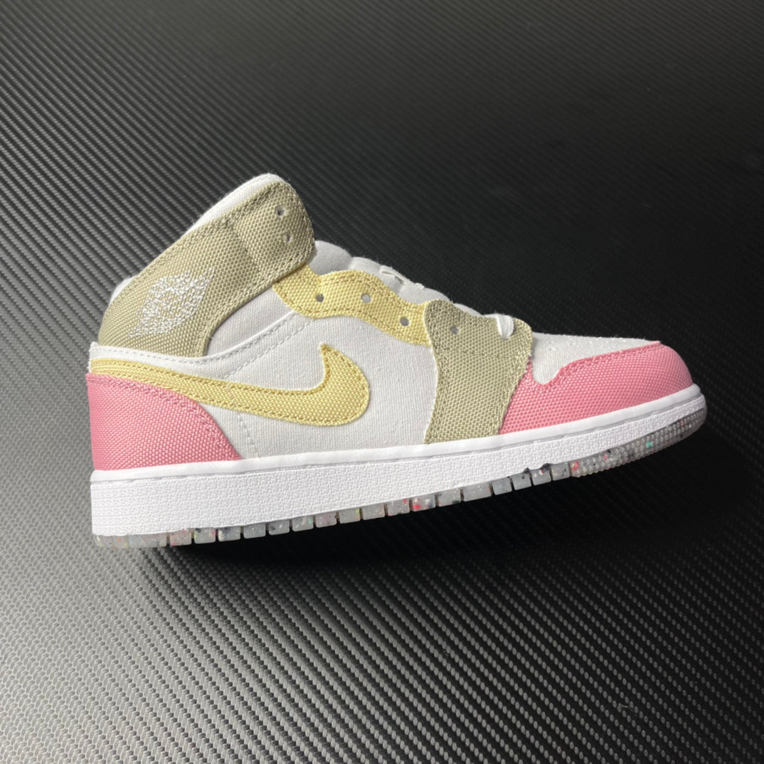 Air Jordan 1 Mid sneakers with white, pink, and gold color blocking and lace-up design