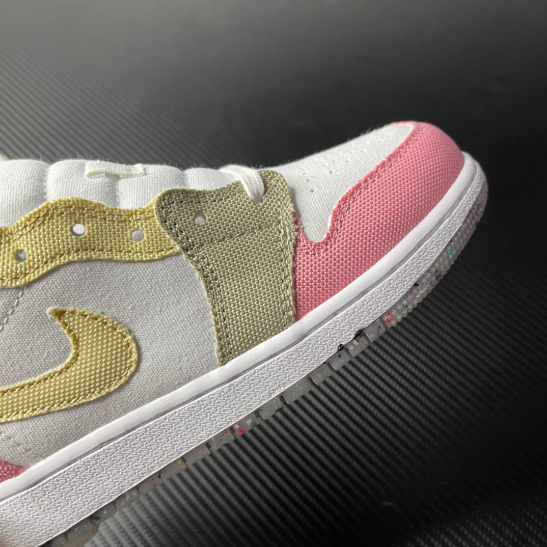 Air Jordan 1 Mid sneaker side view with white leather, pink panels, and gold Swoosh