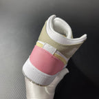 Air Jordan 1 Mid heel view in white upper with pink side panel and gold collar detail
