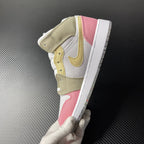 Air Jordan 1 Mid sneaker top view on one shoe with white, pink, and gold overlays