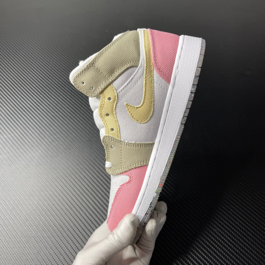 Air Jordan 1 Mid sneaker top view on one shoe with white, pink, and gold overlays