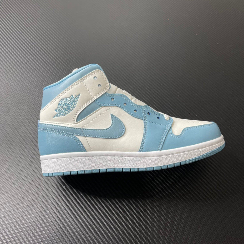 Jordan 1 Mid sneakers in white and light blue with blue swoosh and perforated toe