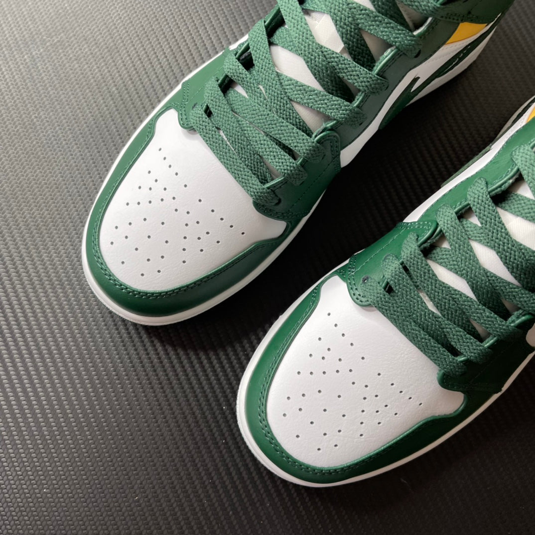 Pair of mid-top sneakers with green uppers and white perforated toe boxes.