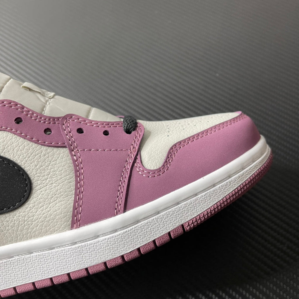 Mid-top sneakers side view with white panel, berry pink overlays, and black swoosh