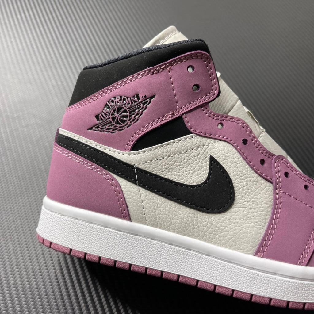 Mid-top sneakers with black swoosh, berry pink collar, and white leather panels