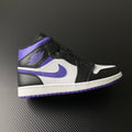 Mid-top Air Jordan 1 sneakers with black, white, and purple panels and swoosh