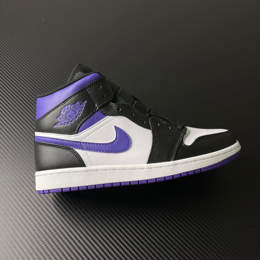 Mid-top Air Jordan 1 sneakers with black, white, and purple panels and swoosh
