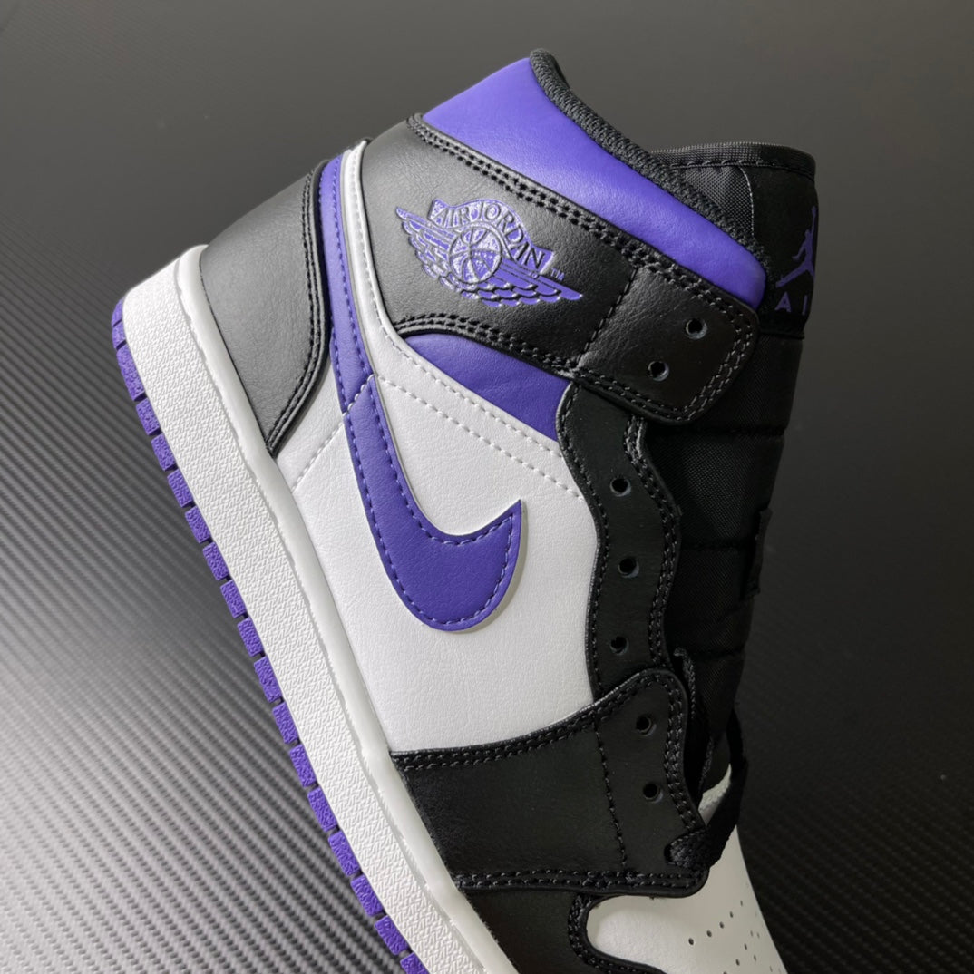 Air Jordan 1 Mid with purple collar overlay, black ankle strap, and white side panel