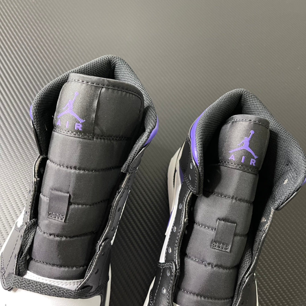 Air Jordan 1 Mid heels in black with purple Air logo on back panel