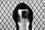 Air Jordan 1 Mid sneaker interior view, black sock liner with gold Air Jordan logo