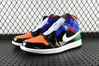 Mid-top sneaker pair with blue, black, orange, white swoosh, and green heel