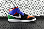 Mid-top sneaker with blue, black, orange toe, white swoosh, and green accent