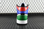 Mid-top sneaker heel with red patent panel, blue upper, black, and green band