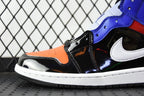 Mid-top sneaker side view with glossy black, orange toe, blue collar, and white swoosh
