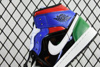 Mid-top sneaker ankle and collar with blue panel, black leather, green stripe, white swoosh