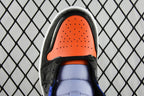 Mid-top sneaker toe cap with orange perforated panel, blue quarter, and black overlay