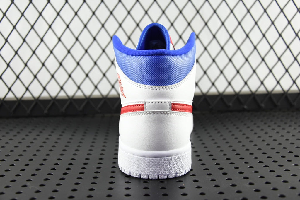 White mid-top sneaker heel with blue collar lining and red accent stripe.