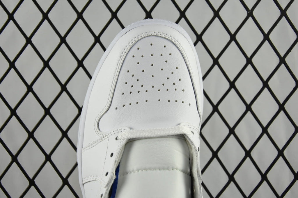 White perforated toe cap with front seam and lace eyelets.