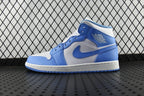 Mid-top basketball shoe with white leather panels and light blue overlays