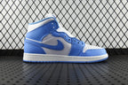 Mid-top basketball shoe in white and light blue with perforated toe box