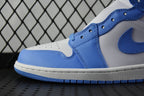 Side view of mid-top basketball shoe with blue swoosh and lace eyelets