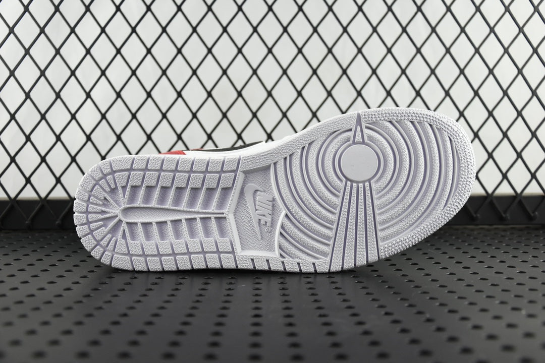 Sneaker outsole view with gray tread pattern