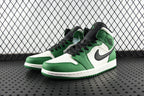 Air Jordan 1 Mid green and white high-top sneakers, side view with black laces