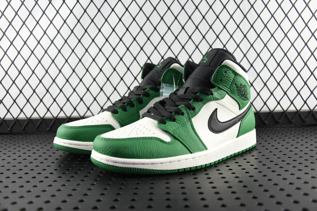 Air Jordan 1 Mid green and white high-top sneakers, side view with black laces