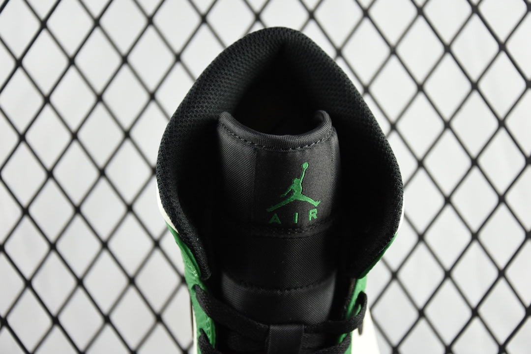 Air Jordan 1 Mid black heel collar with green accents and Air branding