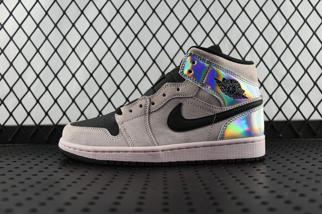 Air Jordan 1 Mid high-top sneakers, light gray suede with black swoosh and iridescent trim