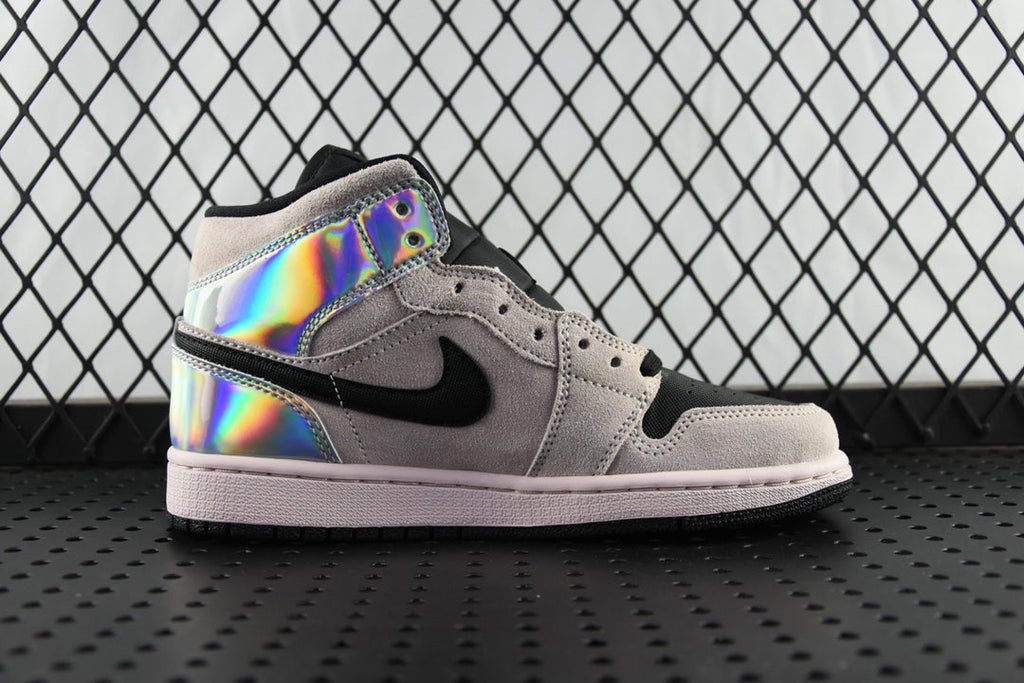 Air Jordan 1 Mid high-top sneakers, light gray upper with black swoosh and rainbow iridescent side