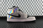 Air Jordan 1 Mid high-top sneakers, light gray upper with black swoosh and rainbow iridescent side