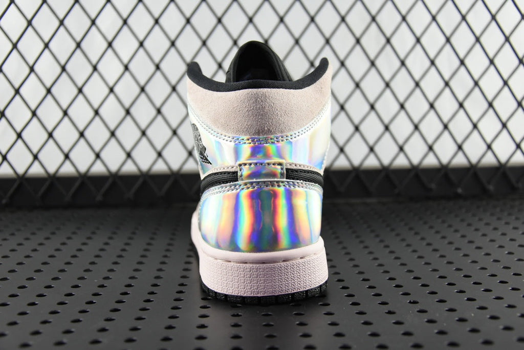 Air Jordan 1 Mid sneakers, back view with iridescent heel panel and black collar lining