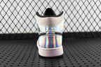 Air Jordan 1 Mid sneakers, back view with iridescent heel panel and black collar lining