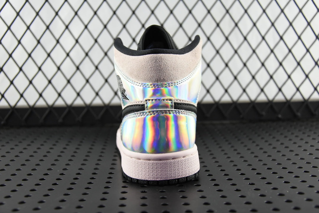 Air Jordan 1 Mid sneakers, back view with iridescent heel panel and black collar lining