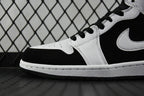 Black and white mid-top sneakers with Swoosh and lace-up eyelets
