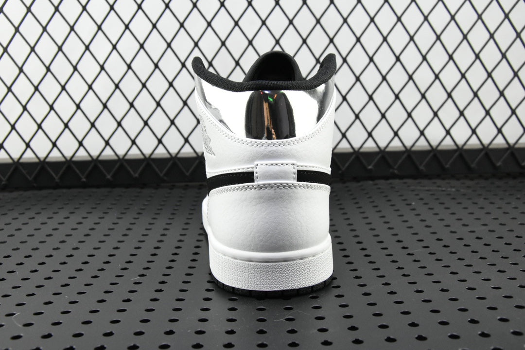 Air Jordan 1 Mid sneakers, rear view with white heel and black collar padding