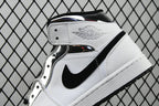 Air Jordan 1 Mid sneakers, white leather with black swoosh stripe and wing eyelets