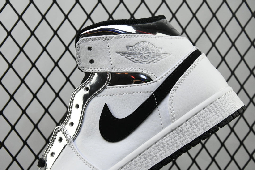Air Jordan 1 Mid sneakers, white leather with black swoosh stripe and wing eyelets