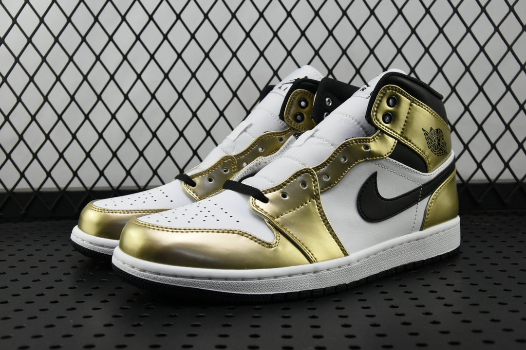 Mid-top sneaker in metallic gold, white, and black with black Nike swoosh and lace-up