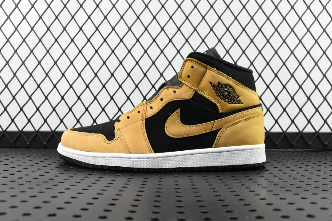 Air Jordan 1 Mid sneaker in black and desert ochre, with Nike swoosh, mid-top