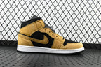 Air Jordan 1 Mid sneaker, desert ochre upper with black overlays and Nike swoosh