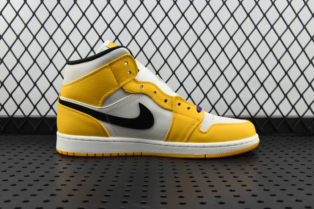 Air Jordan 1 Mid sneakers, yellow leather panels and white overlays with black Swoosh