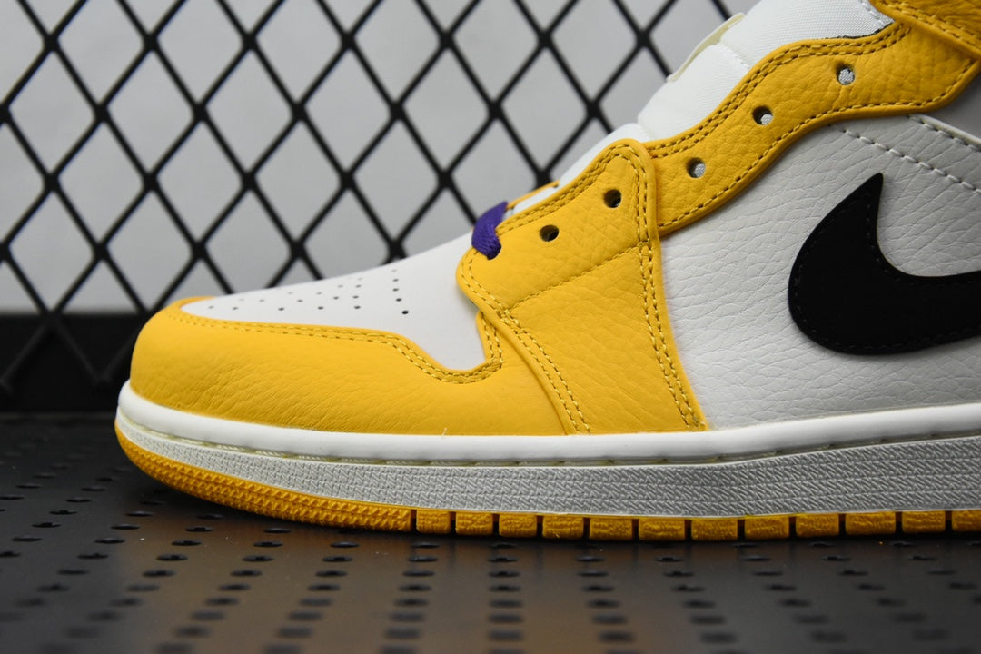 Air Jordan 1 Mid sneakers, yellow and white leather upper with black Swoosh detail