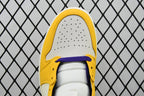 Air Jordan 1 Mid sneakers, yellow toe with perforations and white laces, purple lining