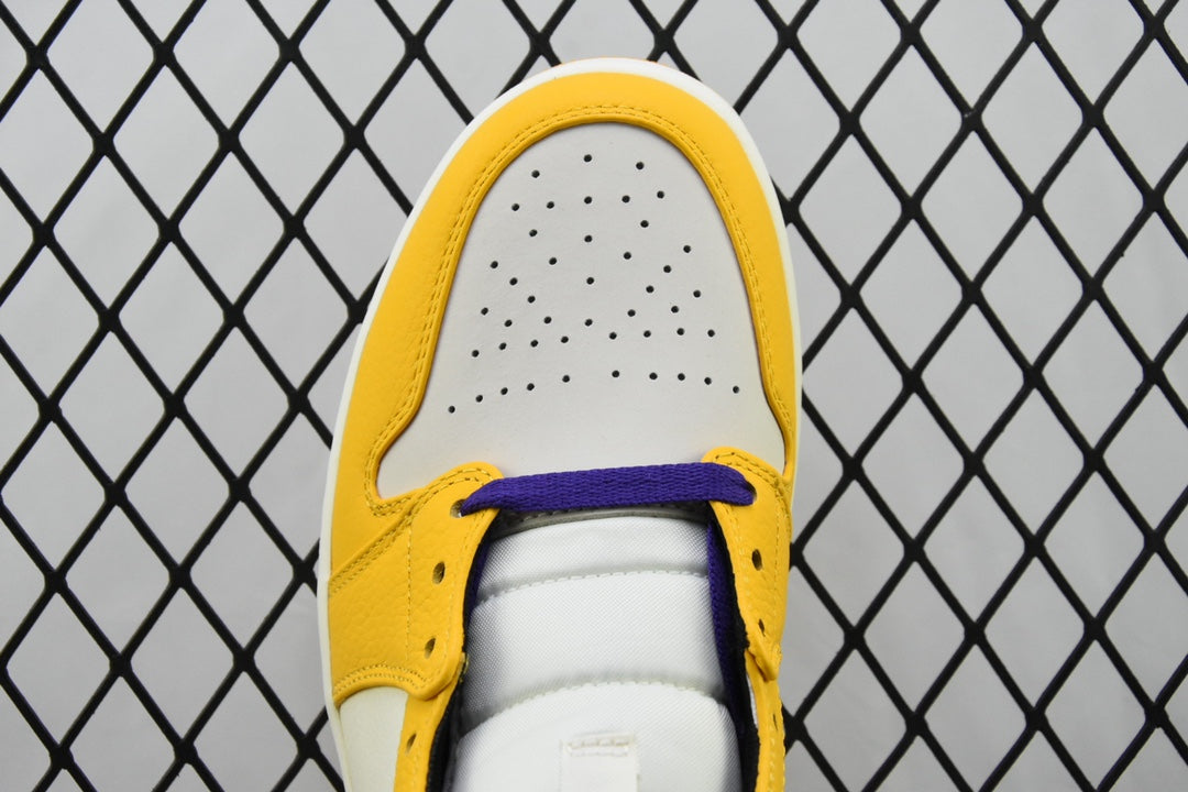Air Jordan 1 Mid sneakers, yellow toe with perforations and white laces, purple lining