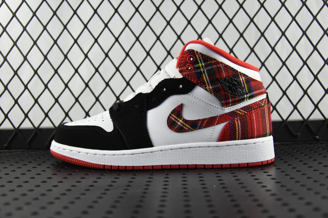 Mid-top sneakers with white and black panels, red plaid collar, and red outsole