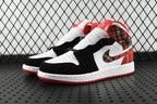 Mid-top sneakers, white toe and black side panels with red plaid collar and red sole