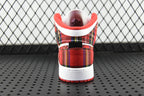 Mid-top sneakers heel view with red plaid collar, black tongue, and white back panel