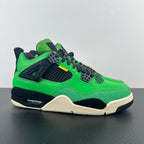 Green and black Air Jordan 4 sneaker with lace-up front and white midsole